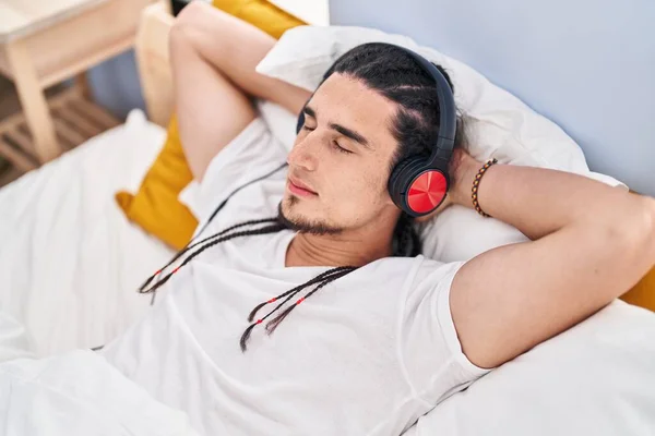 Young Man Listening Music Lying Bed Bedroom — 图库照片