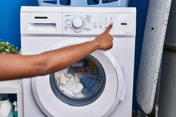 African American Woman Turning Washing Machine Laundry Room — ストック写真