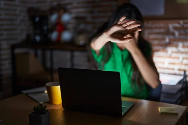 Young Teenager Girl Working Office Night Covering Eyes Hands Doing — Stockfoto