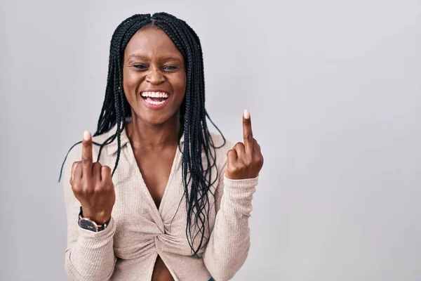 African Woman Braids Standing White Background Showing Middle Finger Doing — Stockfoto