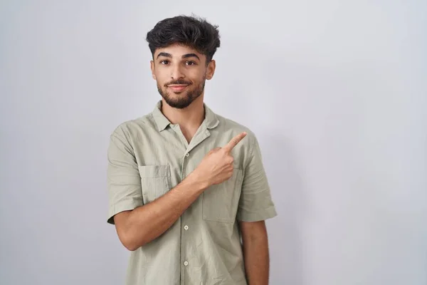 Arab Man Beard Standing White Background Pointing Hand Finger Side — Stock Photo, Image