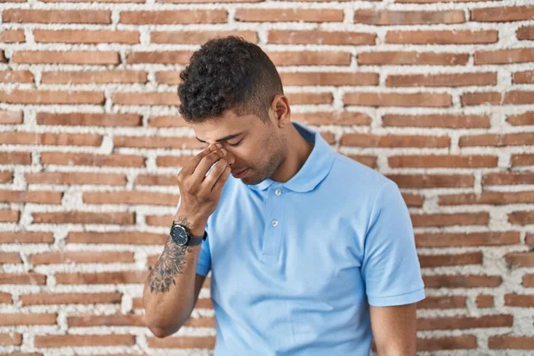 Brazilian Young Man Standing Brick Wall Tired Rubbing Nose Eyes — Photo