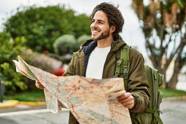 Handsome Hispanic Man Looking Travel Map Park — Stock Photo, Image