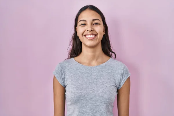 Young Brazilian Woman Wearing Casual Shirt Pink Background Happy Cool — Stockfoto