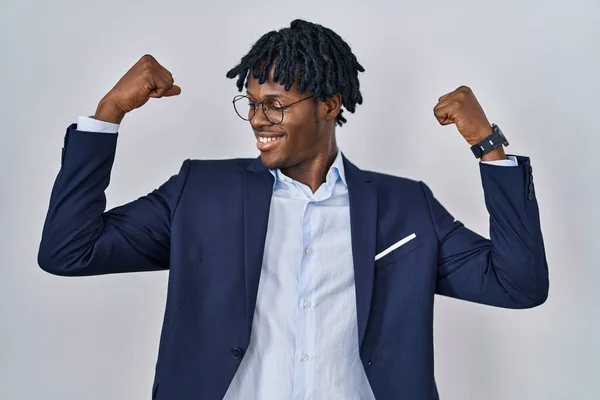 Young African Man Dreadlocks Wearing Business Jacket White Background Showing — Stok fotoğraf
