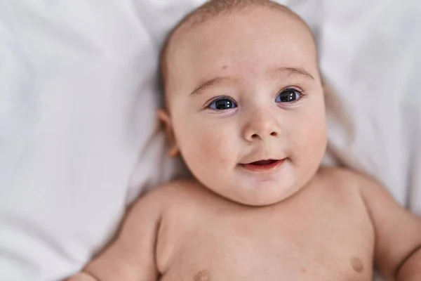 Adorable Baby Smiling Confident Lying Bed Bedroom — Stock Photo, Image