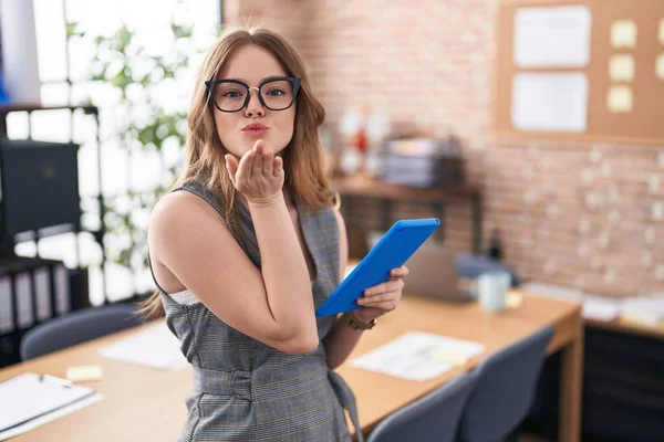Caucasian Woman Working Office Wearing Glasses Looking Camera Blowing Kiss — 图库照片