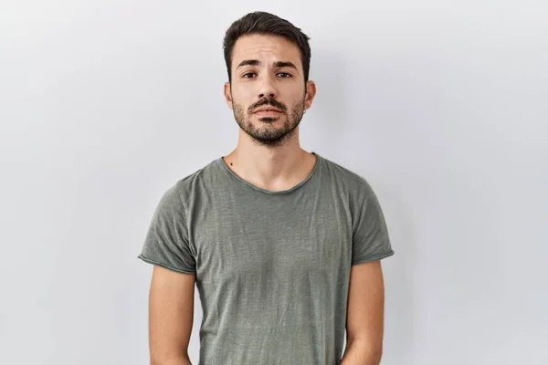 Young Hispanic Man Beard Wearing Casual Shirt White Background Relaxed — Stok fotoğraf