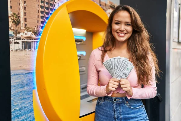 Young Hispanic Woman Taking Cash Atm Smiling Happy Cool Smile — Stock Photo, Image