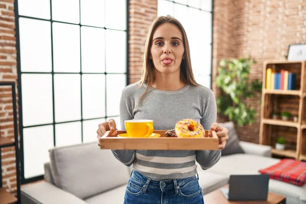 Young Woman Holding Tray Breakfast Food Sticking Tongue Out Happy — Stockfoto