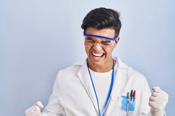 Hispanic Man Working Scientist Very Happy Excited Doing Winner Gesture — Stock Photo, Image
