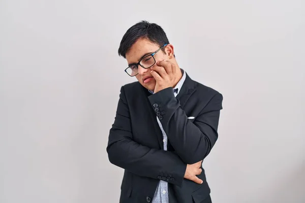 Young Hispanic Man Syndrome Wearing Business Style Thinking Looking Tired — Stock Photo, Image
