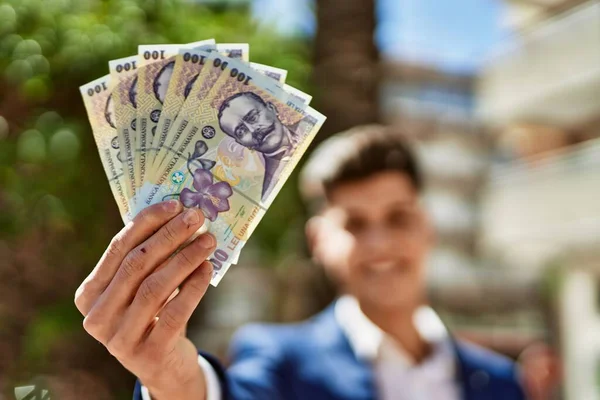 Young Man Wearing Suit Holding Romania Lei Banknotes Street — Stock Photo, Image