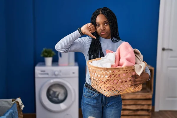 African American Woman Holding Laundry Basket Angry Face Negative Sign — 图库照片