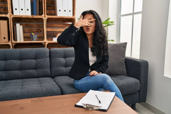 Young Asian Woman Consultation Office Peeking Shock Covering Face Eyes — Stock Photo, Image