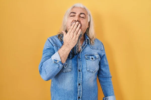 Middle Age Man Grey Hair Standing Yellow Background Bored Yawning — Stock Photo, Image