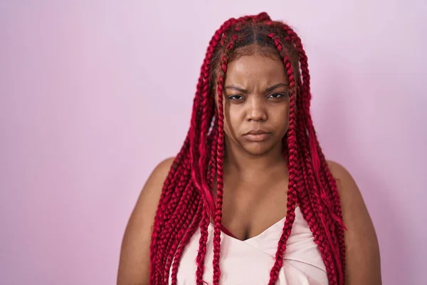 African American Woman Braided Hair Standing Pink Background Skeptic Nervous — Foto Stock