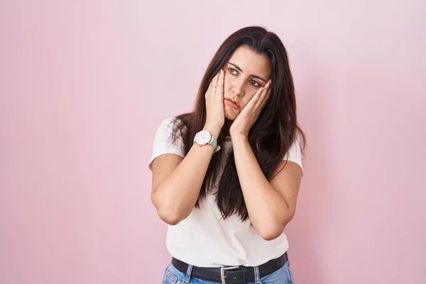 Young Brunette Woman Standing Pink Background Tired Hands Covering Face — ストック写真