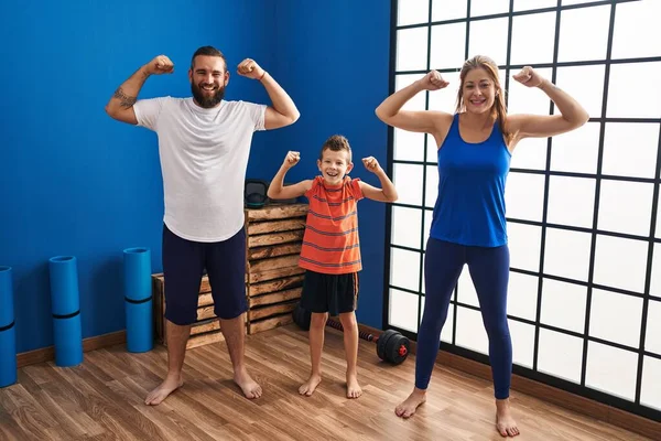 Family Three Wearing Sportswear Gym Smiling Laughing Hard Out Loud — ストック写真