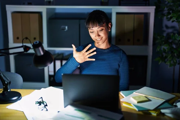 Young Beautiful Woman Working Office Night Showing Pointing Fingers Number — 스톡 사진