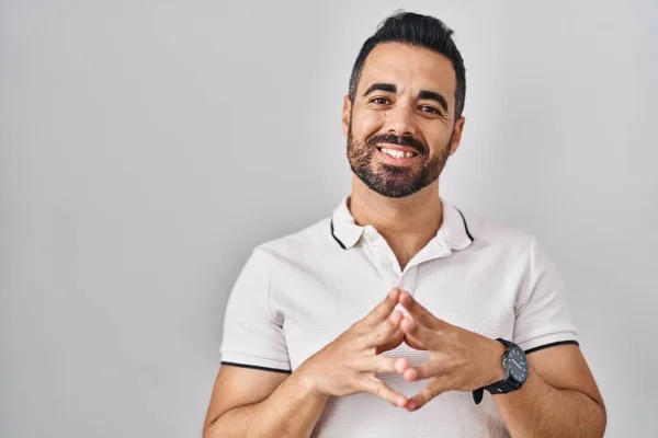 Young Hispanic Man Beard Wearing Casual Clothes White Background Hands — 图库照片
