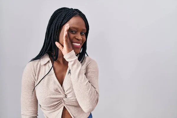 African Woman Braids Standing White Background Hand Mouth Telling Secret — Fotografia de Stock