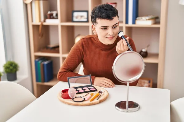 Young Non Binary Man Smiling Confident Applying Makeup Home — Zdjęcie stockowe