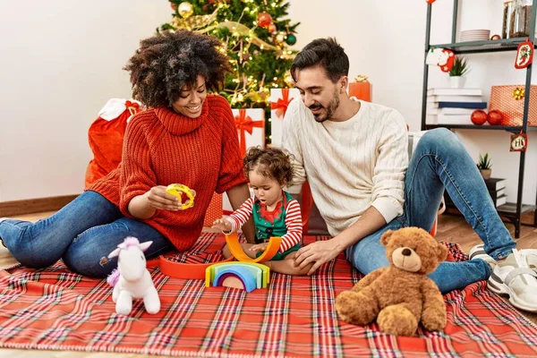 Couple Daughter Playing Toys Sitting Christmas Tree Home — 图库照片