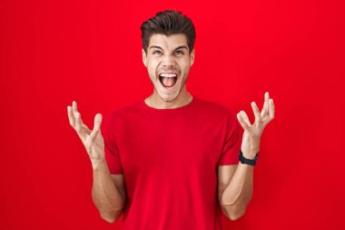 Young hispanic man standing over red background crazy and mad shouting and yelling with aggressive expression and arms raised. frustration concept. 