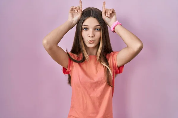 Teenager Girl Standing Pink Background Doing Funny Gesture Finger Head — Photo