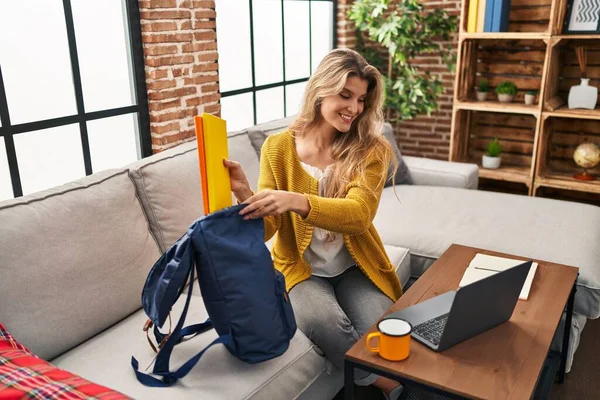 Young Blonde Woman Smiling Confident Studying Home — Stock Photo, Image