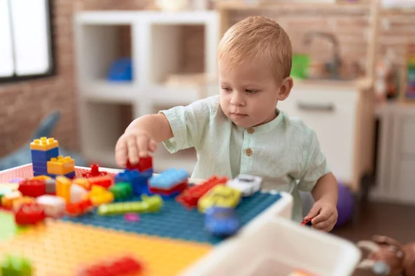 Adorable Toddler Playing Construction Blocks Holding Car Kindergarten — Stock Photo, Image