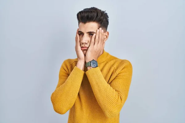 Young Hispanic Man Standing Blue Background Tired Hands Covering Face — Stock Photo, Image
