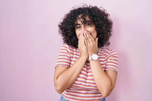 Young Middle East Woman Standing Pink Background Laughing Embarrassed Giggle — Foto Stock