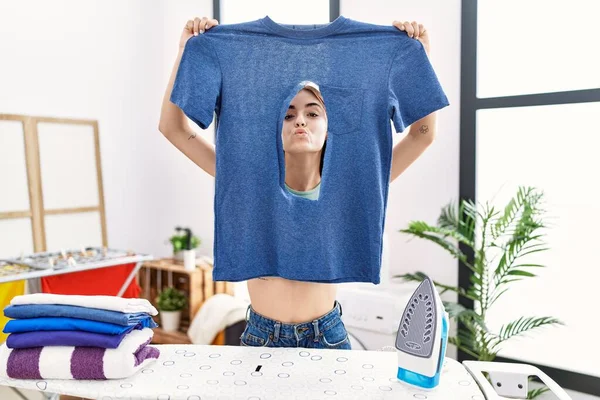 Young Hispanic Woman Ironing Holding Burned Iron Shirt Laundry Room — Stock Photo, Image