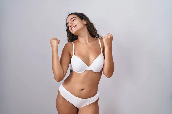Young Hispanic Woman Wearing White Lingerie Celebrating Surprised Amazed Success — Foto de Stock
