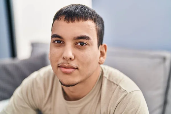Young Man Smiling Confident Sitting Sofa Home — 图库照片