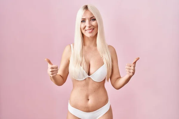 Caucasian Woman Wearing Lingerie Pink Background Success Sign Doing Positive — 스톡 사진