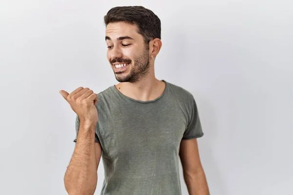 Young Hispanic Man Beard Wearing Casual Shirt White Background Smiling — Stok fotoğraf