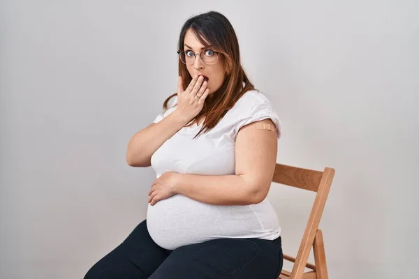 Pregnant Woman Wearing Band Aid Vaccine Injection Covering Mouth Hand — Stock Photo, Image