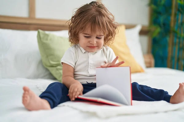 Adorable Hispanic Toddler Reading Book Sitting Bed Bedroom — Stock Photo, Image