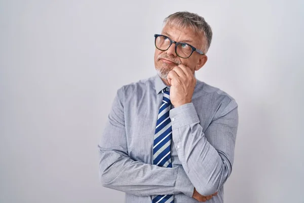 Hispanic Business Man Grey Hair Wearing Glasses Hand Chin Thinking — Zdjęcie stockowe