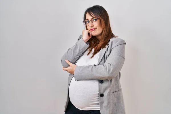 Pregnant Business Woman Standing White Background Thinking Looking Tired Bored — стоковое фото