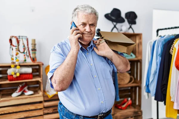 Middle Age Grey Haired Man Talking Smartphone Shopping Clothing Store —  Fotos de Stock