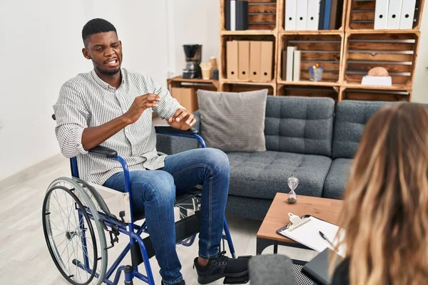 African American Man Doing Therapy Sitting Wheelchair Disgusted Expression Displeased — Stock Photo, Image