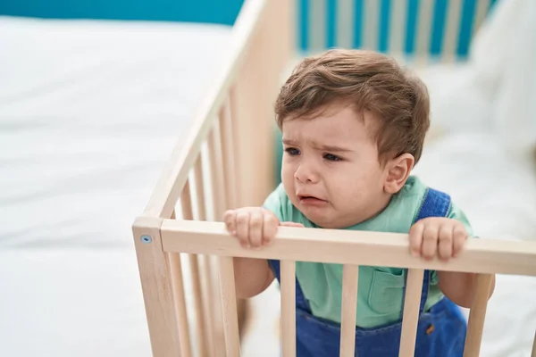 Adorable Hispanic Toddler Standing Cradle Crying Bedroom — Stock Photo, Image