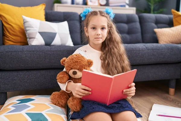 Adorable Caucasian Girl Reading Book Sitting Floor Home — Stock Photo, Image