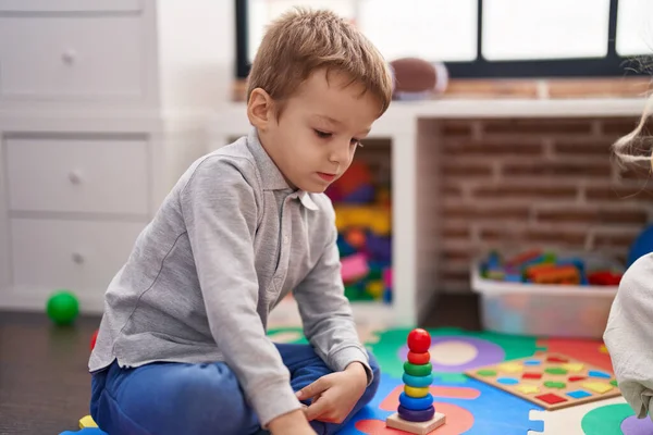 Adorable Toddler Playing Maths Game Sitting Floor Kindergarten — Stock Photo, Image
