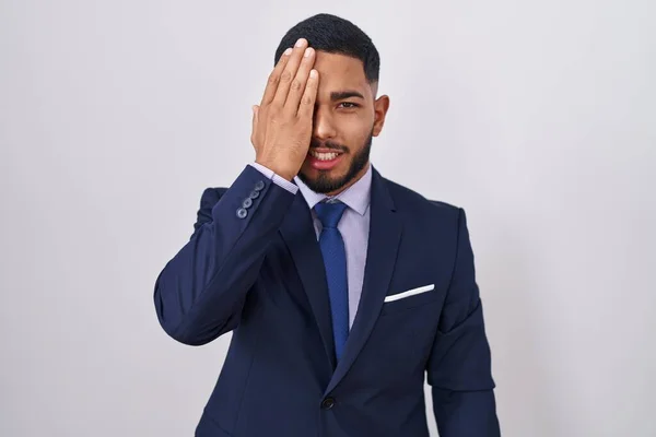 Young Hispanic Man Wearing Business Suit Tie Covering One Eye — Stock Photo, Image