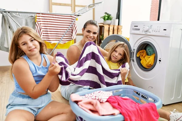 Mother Daughters Washing Clothes Smelling Towel Laundry Room — Stock Photo, Image